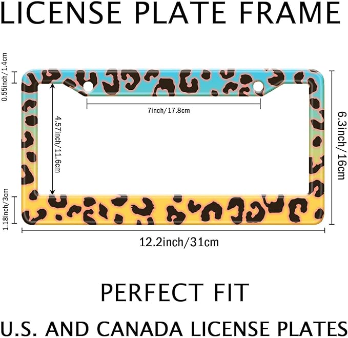 Blue Yellow Leopard License Plate Frame, Cheetah Leopar Print Car Accessories Car Tag Frame, Rust-Proof Waterproof Metal Aluminum License Plate Holder for Women Men 2 Holes with Screw Caps