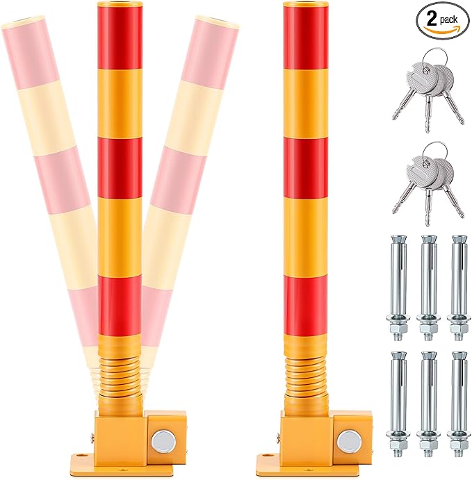Zonon 2 Pcs Spring Parking Post Folding Heavy Metal Parking Barrier Lock Obstacle Pile with Warning Stripes Interceptor Bollard for Traffic-Sensitive Area Garage