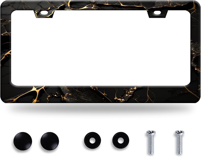 Marble License Plate Frame Black Gold Marble Printed License Plate Stainless Steel Funny License Plate Holder Men Women Colorful Car Accessory Decoration 12.3" x 6.3"