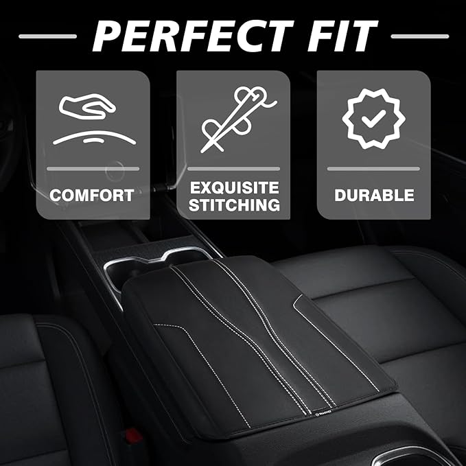Muslogy Armrest Cover Center Console Cover Compatible with 2024 2025 GMC Acadia & Chevrolet Chevy Traverse Accessories Vegan Leather Arm Rest Middle Console Protector (Black/White Stitching)