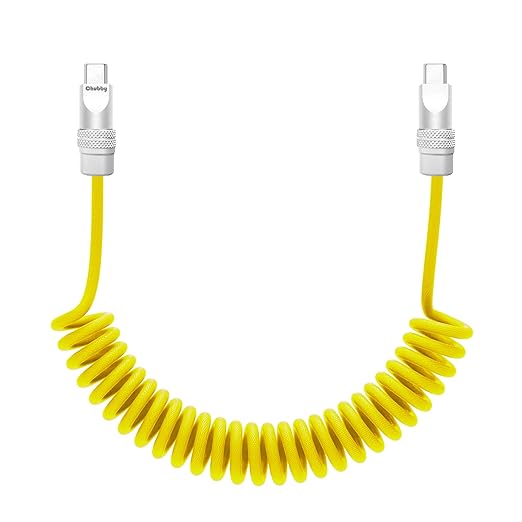 chubbycable Curly Chubby - Retractable Fast Charging Cable 240W Coiled Charger Cord for Car Durable USB-C Cable for Phones, Tablets and More, Yellow, Type-C to Type-C, 1.3FT-2.3FT