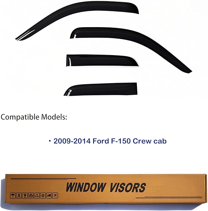 Window Visors Rain Guards fits 2009-2014 Ford F150 SuperCrew Cab, Out-Channel Window Wind Deflectors Vent Shades Accessories, Dark Smoke 4 Pcs, 2010 2011 2012 2013