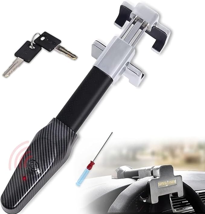 Amorin Steering Wheel Lock with Alarm and Light, Car Security Products Anti-Theft Device, Heavy Duty Car Theft Prevention Lock Bar for Car SUV Black + Silver