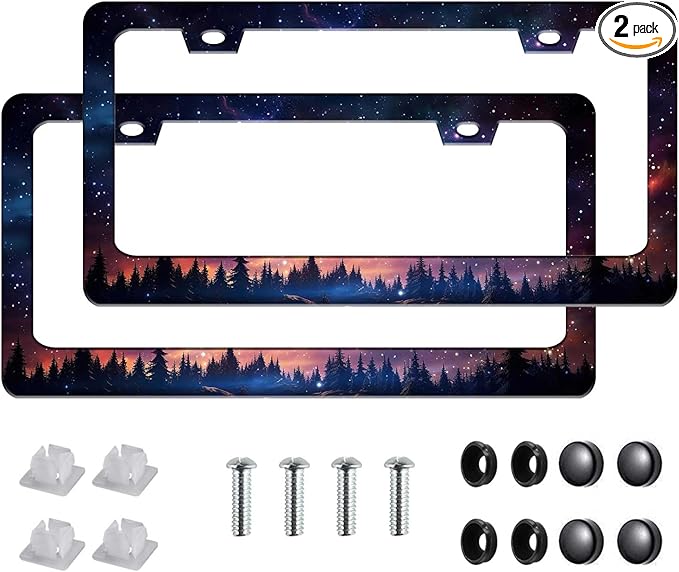 Universal License Plate Frame - Heavy Duty Rustproof Aluminum Matte Black Car Tag Holder Bracket Fits All US States, Easy Install with Screws Included (Starry SkStarry Sky Galaxy-2pcy Galaxy-2pc)