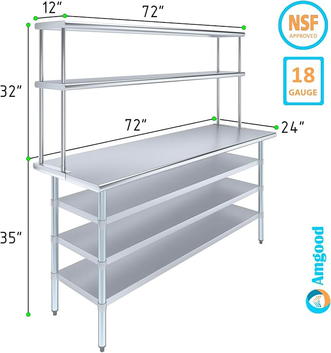 Amgood 24" x 72" Stainless Steel Work Table with 3 Shelves and 12" Wide Double Tier Overshelf | Metal Kitchen Prep Table & Shelving Combo | NSF