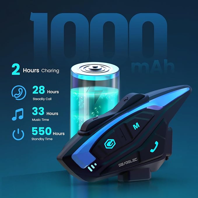 gearelec Motorcycle Helmet Bluetooth Headset [Deep Bass & Super-Noise-Reduction] Shark Pro Motorcycle Bluetooth Headset with Upgrade Hi-Fi Speakers, 2000M 8 Riders Intercom