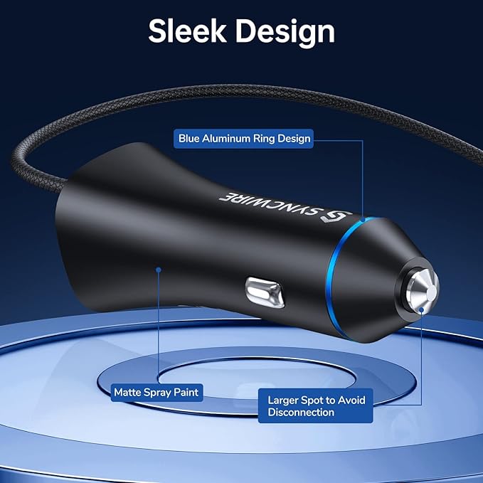[Apple MFi Certified] Syncwire iPhone Car Charger 32W Super Fast Car Charger iPhone Cigarette Lighter USB Car Adapter with Build-in 6.5FT Lightning Cable Coiled for Apple iPhone 14/13/12/11/Max, iPad