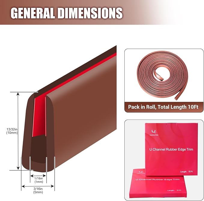 Rubber Edge Trim, Flexible Edge Trim for Sharp Edge, 1/16" U Channel Edge Protector, Self Adhesive Edge Guards for Car Doors and Sheet Metal Parts, 10Ft, Brown Color