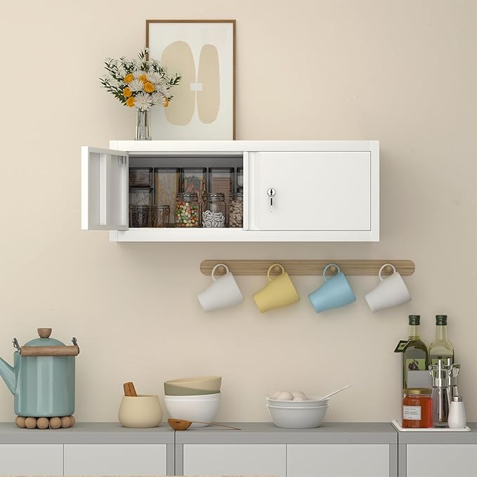 LUCYPAL Metal Storage Cabinet,Garage Wall Mounted Storage Cabinet with Locking Doors,Steel Hanging Cabinets for Home Office,Warehouse,Bathroom,Kitchen,White,12.8''H