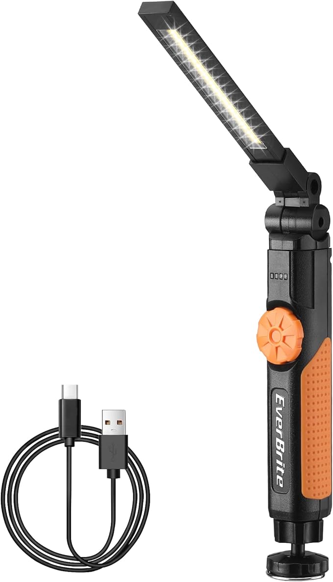 EverBrite LED Rechargeable Work Light, 800LM COB Foldable Flashlight, Magnetic Work Lights with Hanging Hook, 360° & 270° Rotation, 4 Power Indicator Lights - for Car Repair, Home, Emergency