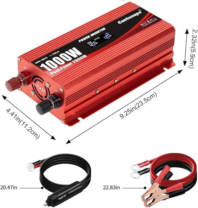 1000W Car Power Inverter DC 12V to 110V/120V AC Converter with LCD Display 2 AC Outlets 3.0A USB and Type-C Car Charger Adapter for Car Home Laptop Truck