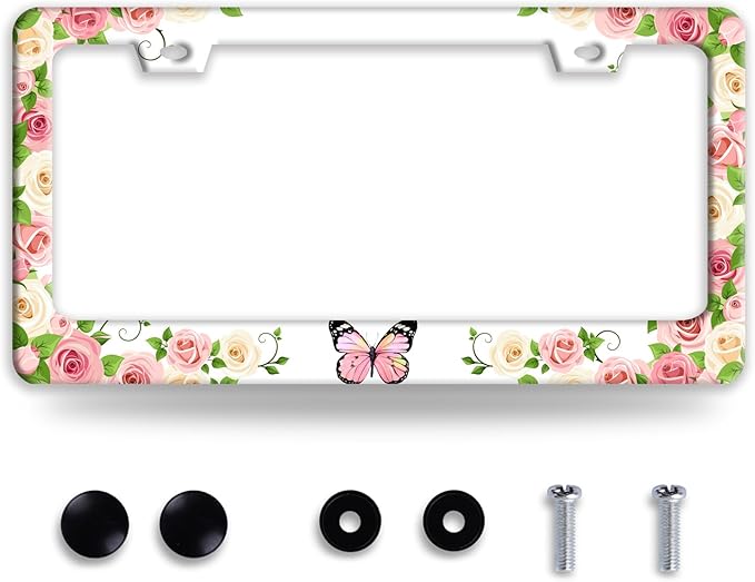 Pink Butterfly License Plate Frame Rose Flowers Floral License Plate Holder Colorful Auto Accessories for Women 6x12 Inch