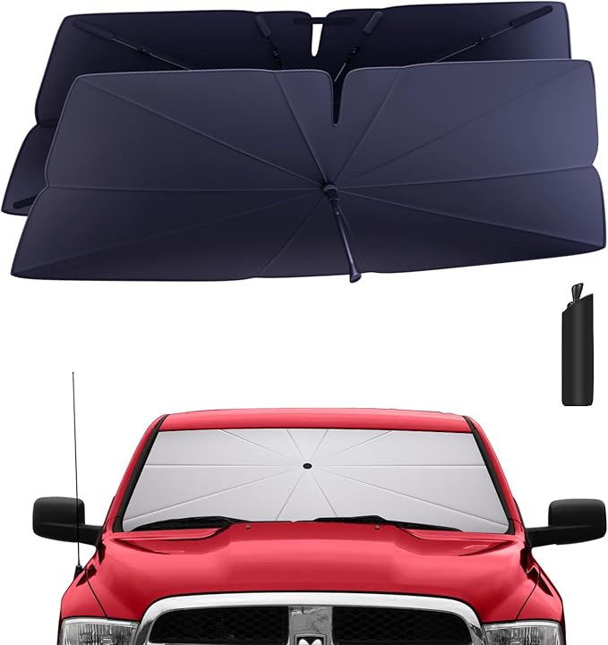 Windshield Sun Shade Umbrella: Custom Fit for 2009-2018 Dodge RAM 1500 ST, SLT, Laramie, Sport, Big Horn, Tradesman (DS/DJ) - Double Thickened Foldable Front Window Sunshade, UV & Heat Protection