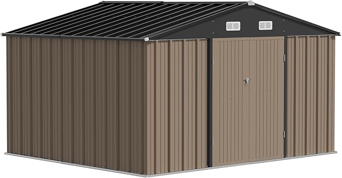 JUMMICO 8 x 10 FT Outdoor Storage Shed, Large Metal Garden Shed & Tool Sheds for Backyard Garden Patio Lawn (Brown)