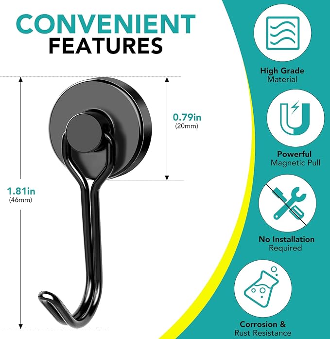 DIYMAG Black Magnetic Hooks, 40LBS Strong Magnetics Heavy Duty, Magnet Hook with Metal Hanger for Hanging Refrigerator Home Kitchen Office, 4Pack