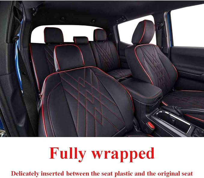 EKR Custom Fit Tacoma Car Seat Covers for Select Toyota Tacoma 2016 2017 2018 2019 2020 2021 2022 2023 Double Cab/Crew Cab - Full Set,Leather(Black with Red Trim)