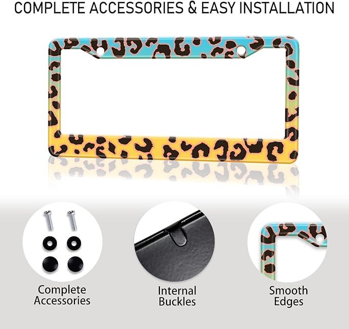 Blue Yellow Leopard License Plate Frame, Cheetah Leopar Print Car Accessories Car Tag Frame, Rust-Proof Waterproof Metal Aluminum License Plate Holder for Women Men 2 Holes with Screw Caps
