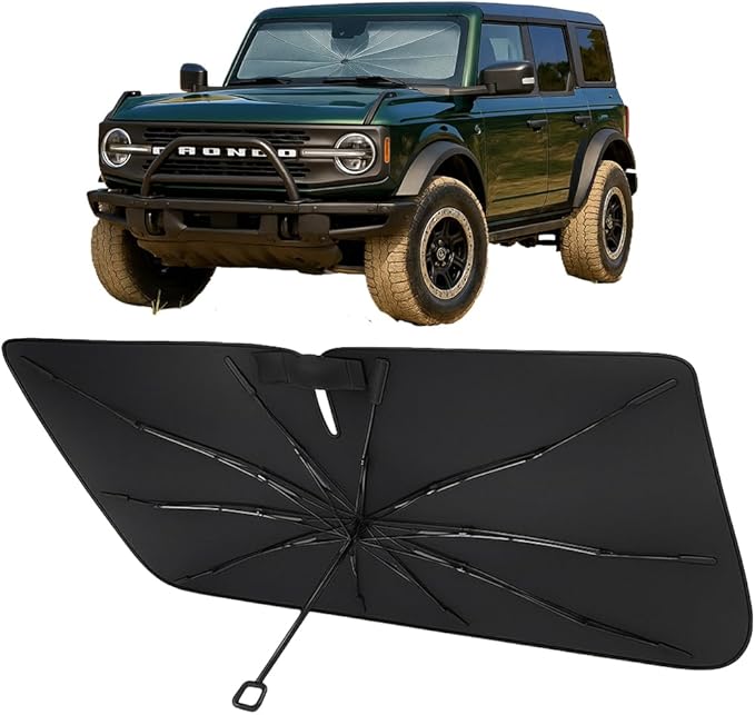 Proadsy Windshield Sun Shade Umbrella for Ford Bronco 2021-2025 2026 Foldable Car Umbrella Sunshade with Soft TPU Handle Spring Structure Crystal Cooling Material Protect Car from Rays & Heat