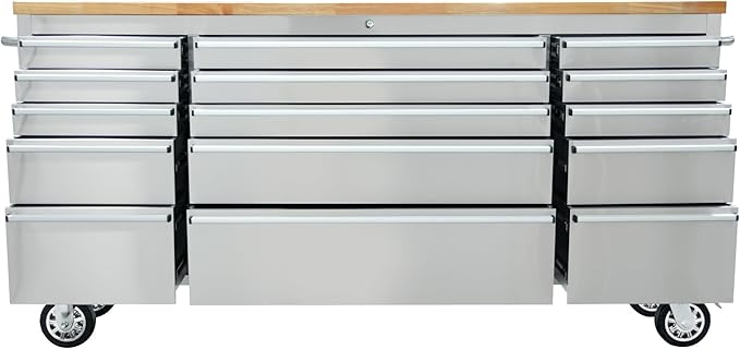 CT Copper Tailor 72-inch Rolling Tool Chest with 15 Drawers and Wheels, Mobile Garage Workbench, Large Tool Box Storage Tool Cabinet with Wood Top for Workshop,Stainless Steel