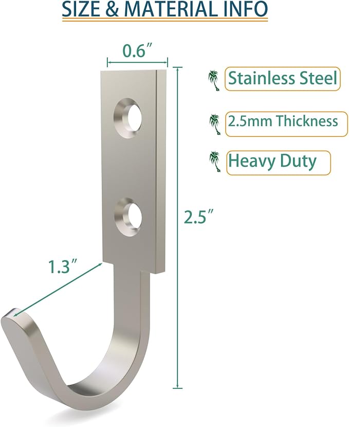 Hooks for Hanging Stainless Steel Heavy Duty Coat Hook Wall Hooks Robe Hanger Hooks Hanging Hat Key Holder for Towel, Bag Indoor Outdoor (Silver-Square-2 Hole, 2.5x1.3inch,8pcs)