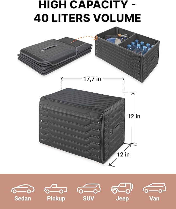 Trunk Storage 17.7" Collapsible Crate For Groceries, Tools & Travel Gear - Eco-Leather Car Organizer With Magnetic Lid - Practical Birthday Gift For Men (Highway 17)