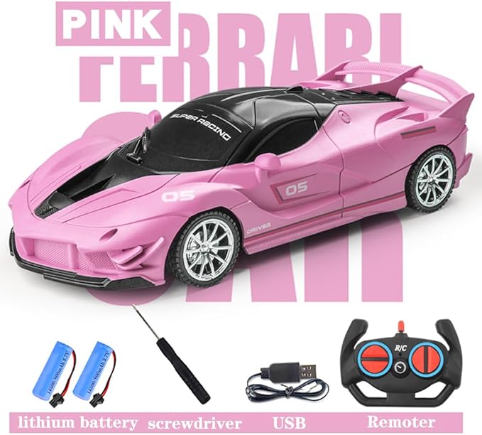 Remote Control Car, Pink RC Cars for Girls, Rechargeable RC Racing, 2.4Ghz Electric Power On Road High Speed Drift Model Vehicle Toy with Led Headlight, Birthday for Kids Age 3+