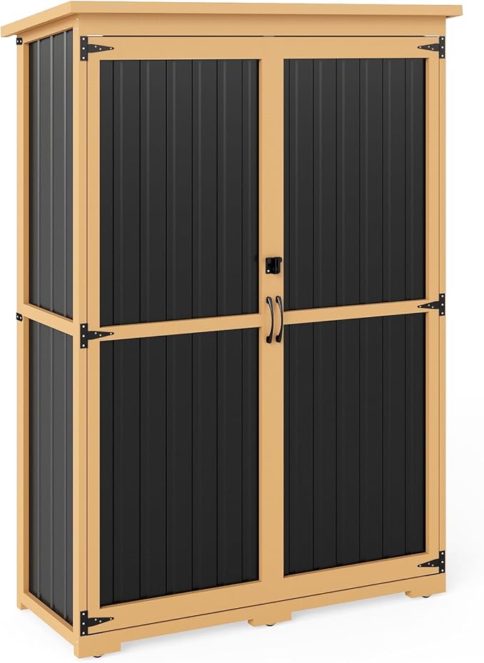 Outdoor Storage Shed with Shelf,Wood & Metal Storage Cabinet with Lockable Doors & Sloping Roof,Vertical Garden Shed for Patio Backyard,Tool Shed and Accessories, Brown