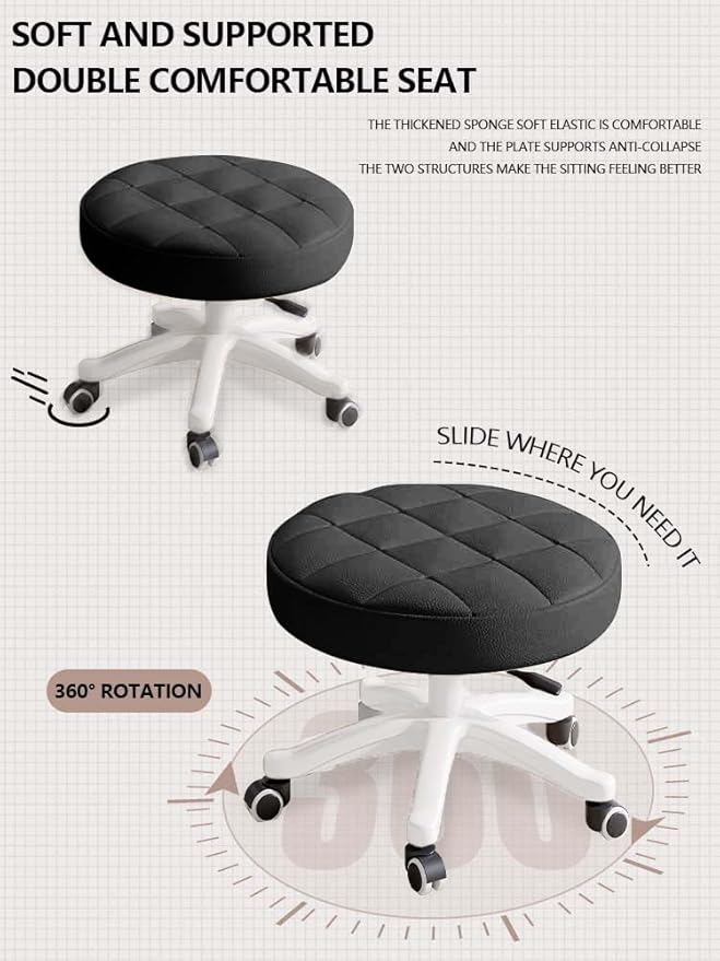 Small Chair Round Rolling Stool with Wheels PU Leather Height Adjustable Swivel Drafting Work SPA Salon Stools Home Office Chair