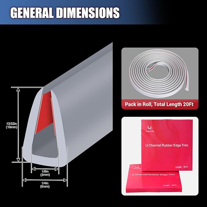Rubber Edge Trim, Flexible Edge Trim for Sharp Edge, 1/8" U Channel Edge Protector, Self Adhesive Edge Guards for Plywood and Sheet Metal Parts, 20Ft, Grey Color