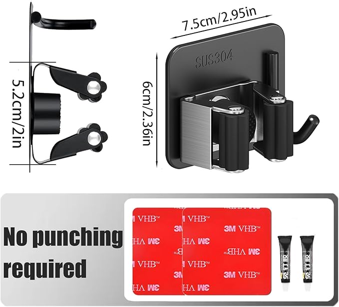 Stainless Steel Mop and Broom with Hook, Heavy Duty Rust Resistant Self Adhesive Mop and Broom Holder Wall Mount for Bathroom, Kitchen, Office, Garden, Garage, With 3M VHB Sticky Pads