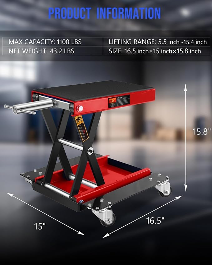 1100LBS Motorcycle Scissor Lift Jack with Dolly Wheels & Hand Crank, Heavy Duty Adjustable Bike Lift Stand with Foldable Non-Slip Platform for Cruiser, Dirt Bike, ATV Garage Repair