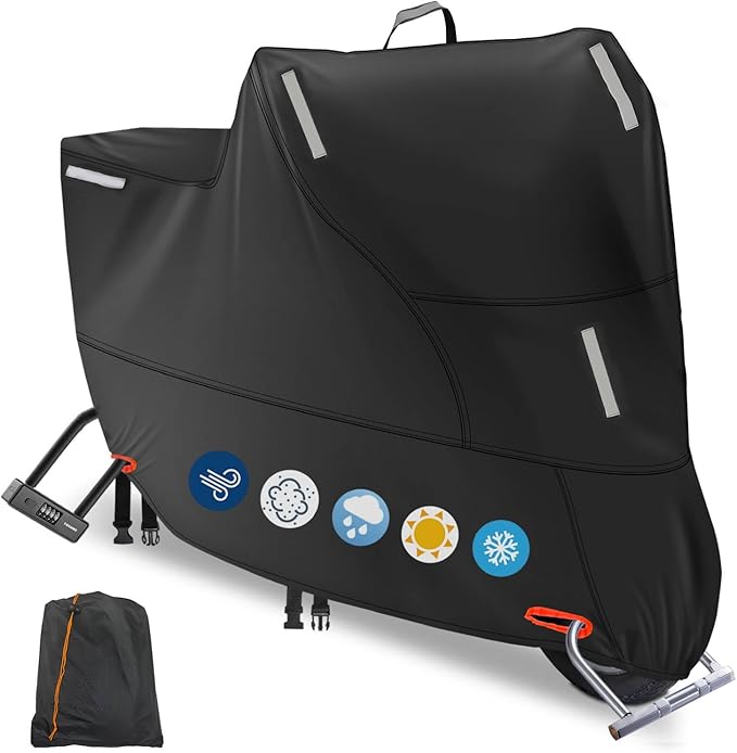 Motorbike Cover Waterproof Outdoor, Motorcycle Scooter Moped Rain Dust Cover with 5 Reflective Strips and 2 Windproof Buckles, 2 Lock-Holes fits Cruisers Sportbikes (1XL: 91 x 35 x 49 inch)