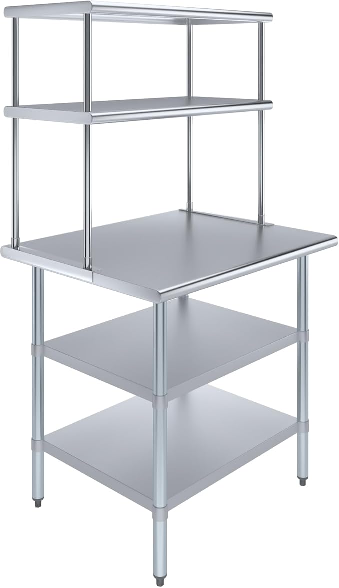 Amgood Stainless Steel Work Table with 2 Shelves | Metal Kitchen Prep Table & Shelving Combo (30" x 36" Table with 2 Shelves + 18" Overshelf)