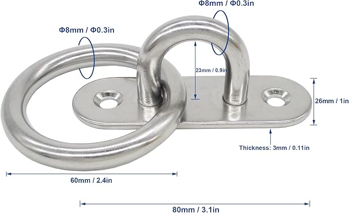 Stainless Steel Ceiling Hooks & Wall Hangers with Rings - Heavy Duty M8 Screw Mount, Rust-Proof Anchor Straps for Garage, Outdoor, Storage (4-Pack)