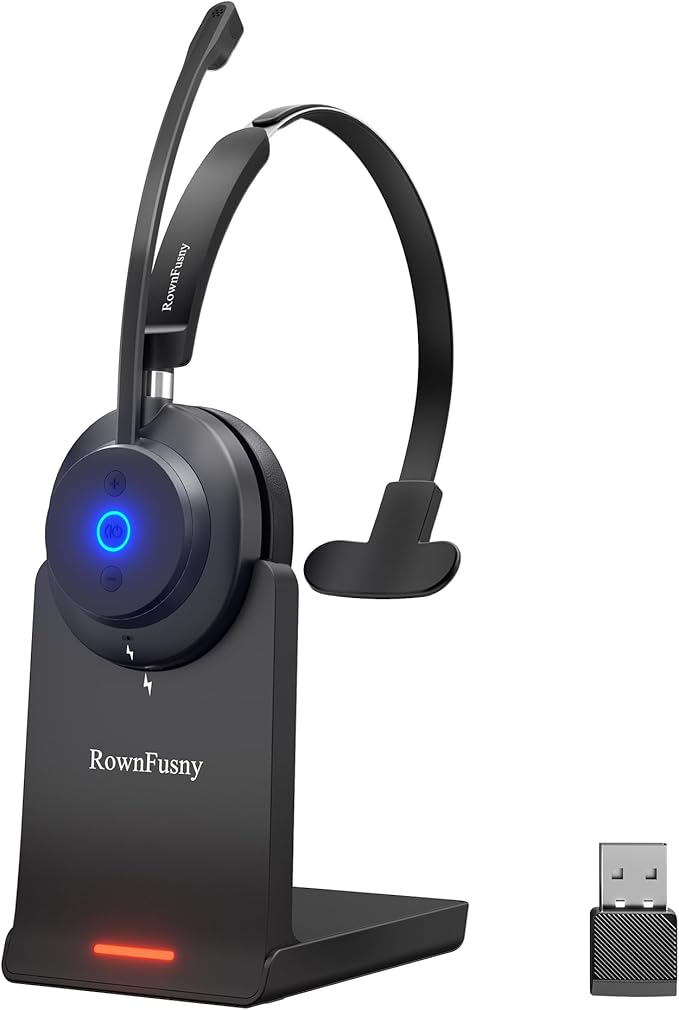 Wireless Headset with Mic for Work, Bluetooth 5.3 Headphones with Microphone, Headset with Microphone for PC, Wireless Headphones with Charging Base for Office, Call Center, Cell Phones