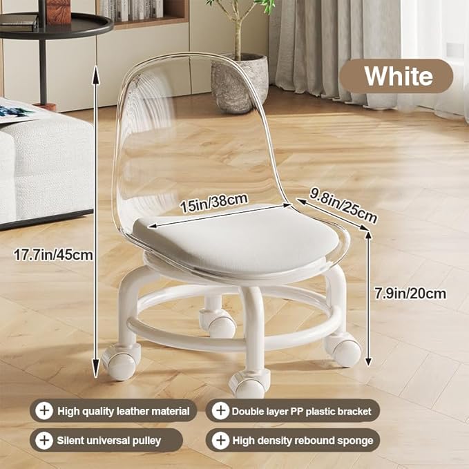 Low Rolling Stool with Wheels,Mini Rolling Garage Stool with Back Support,360° Rotating Floor-Friendly Wheels for Home, Office,Garage & Salon (Transparent White)