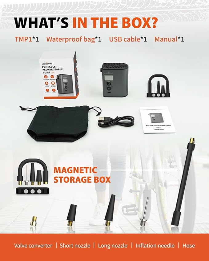 TMP1 Mini Bike Tire Pump, 150PSI Electric Air Pump with Gauge, Fast Inflate Bicycle Pump, Presta & Schrader Valve, Portable Air Pump for Road Bikes, Mountain Bike,E-Bike,Motorcycle,Sports Balls