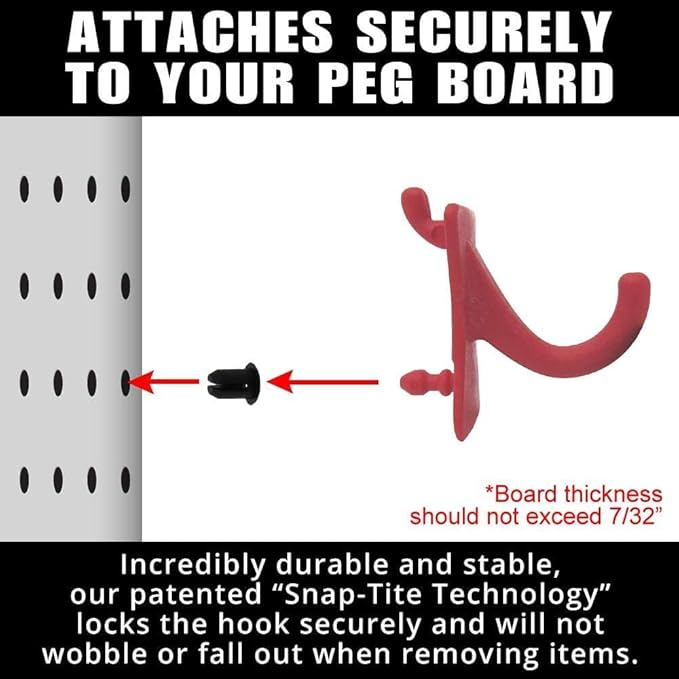 PegPro® J Hooks Kit for Standard “Wood Fiber” pegboard – Durable Plastic Pegboard Hooks - for Garage, Kitchen, Craft Room, and More (J Hook - 24 Pack, Red)