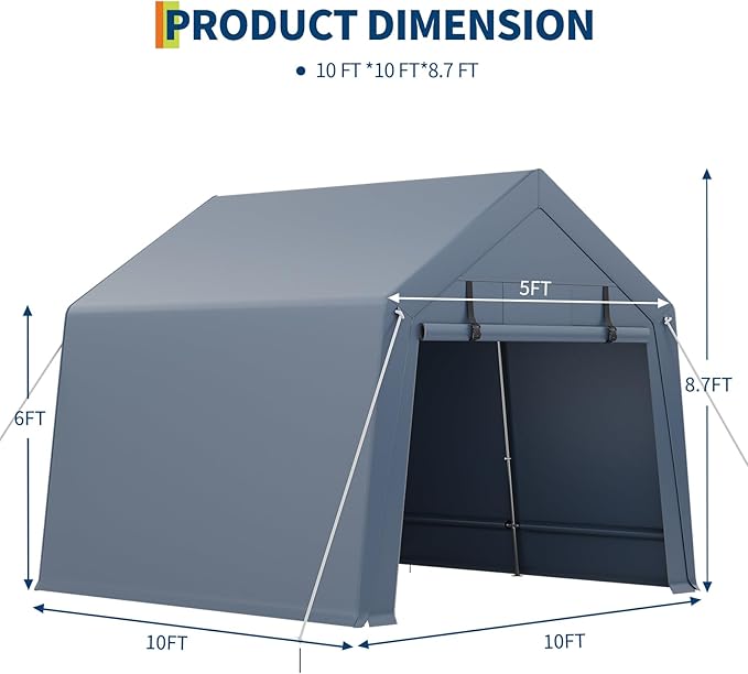 10x10FT Outdoor Storage Shed, Portable Carport with Roll-up Ventilated Zipper Door and Windows, Heavy Duty Waterproof Tarp, Storage Sheds for Motorcycle, Bike, Firewood, Garden Tools