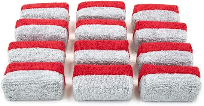 Autofiber Mini [Saver Applicator Terry] Ceramic Coating Applicator Sponge | 12 Pack | with Plastic Barrier to Reduce Product Waste. (Red/Gray)