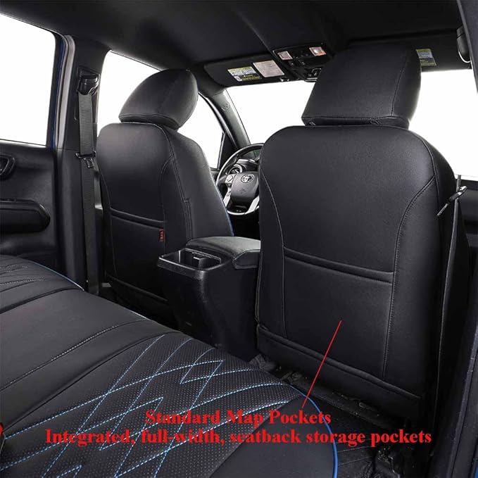 EKR Custom Fit Tacoma Car Seat Covers for Select Toyota Tacoma 2016 2017 2018 2019 2020 2021 2022 2023 Double Cab/Crew Cab -Full Set,Leather (Black with Blue Trim)