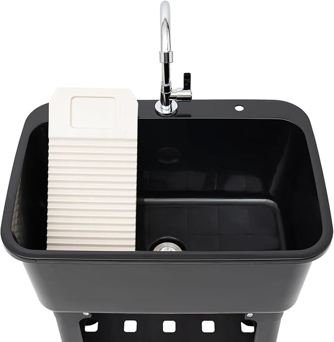 Free Standing Utility Sink with Washboard Laundry Tub Sink for Outdoor,Garage,Basement,Garden wuth Faucet,Drain,Storage Shelf (Black, 23.6 * 15.8 * 30.1in)