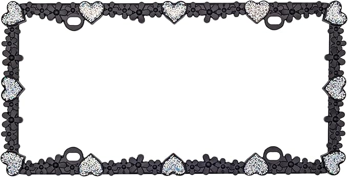 Creathome 3D Shining Daisy Heart License Plate Frame from Pure Zinc Alloy Metal Perfect Plate Holder, Matt Black with Silver Glitter Luminously Heart