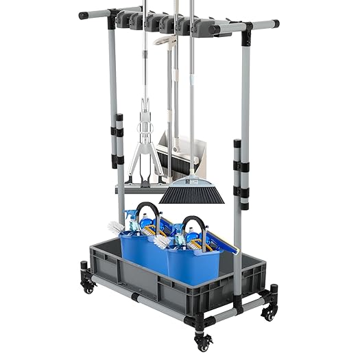 Broom and Mop Holder Freestanding Mobile Cleaning Tool Storage Rack,Floor Standing Cleaning Tool Cart Storage for Garden Garage Schools, Hospitals