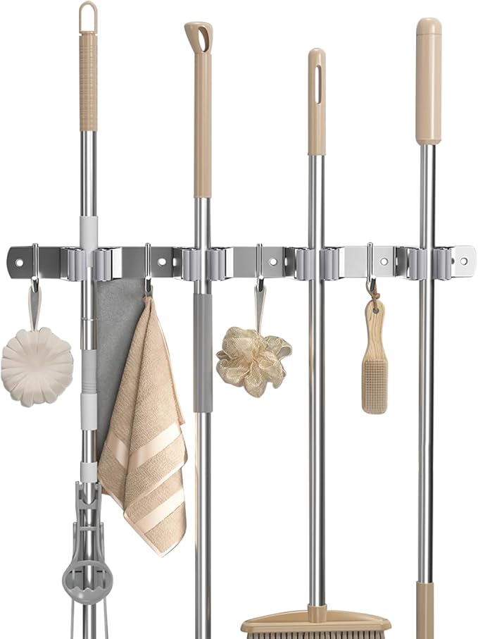 Broom Holder Wall Mount Organizer: Mop and Broom Holder Wall Mount Garage Wall Organizer, Stainless Steel Heavy Duty Garden Tool Organizer Storage Rack for Home Kitchen Garden Laundry, 4 Racks 4 Hooks