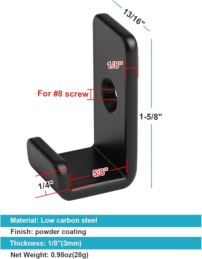 10 Pack Mini Black Steel Utility J Hook, Wall Mount Hanging Hook for Garage Storage, 1-5/8" Height, 5/8" Inner Width