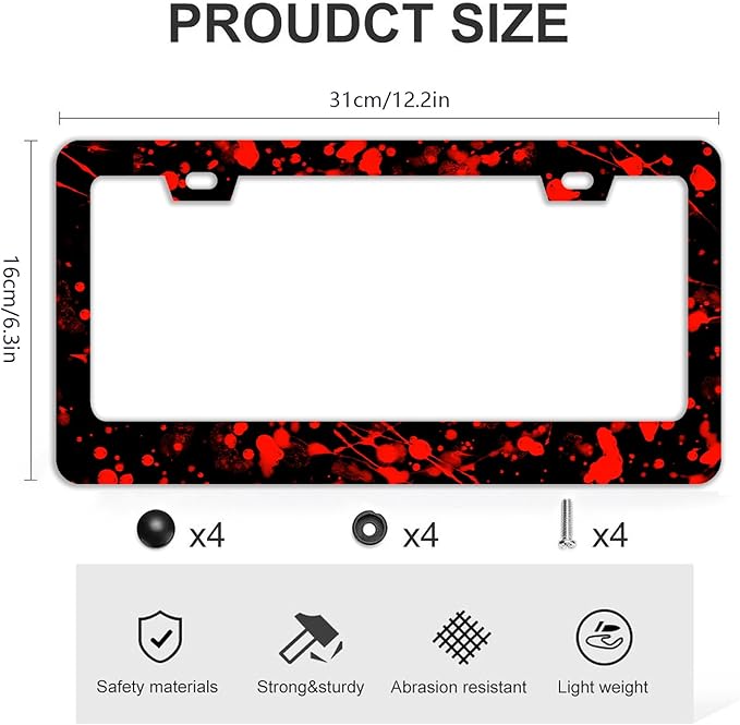 Blood Splattered Red Black License Plate Frames - 2 Pcs Set 2 Holes Stainless Steel Metal Auto Car Accessories Decoration License Plate Frame Cover Size 6.3" x 12.2" Fit US Vehicles for Women Men Gift