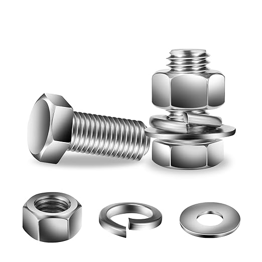 3/8-16 x 1" Hex Head Screw Bolt, Nuts, Flat & Lock Washers, 10Pcs 18-8 (304) Stainless Steel, Fully Threaded, by SG TZH