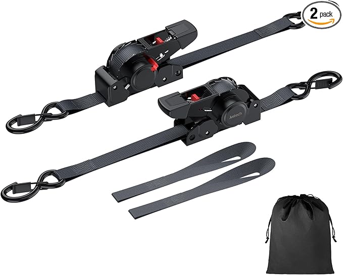 Justech 2 Pack Retractable Ratchet Straps, 1 in x 11.6 ft-1411 lbs Break Strength, Heavy Duty Auto Ratchet Tie Down Straps with Soft Loops & Storage Bag for Motorcycle, Truck, Trailer, Cargo Van, Boat