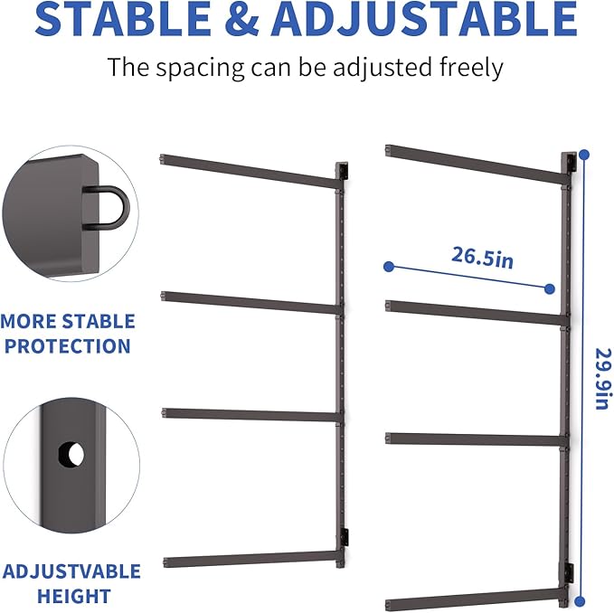 Wall Mounted Kayak Storage Rack, Kayak Racks for Outdoor Storage, Kayak Wall Mount 4 Tier Adjustable Surfboard Paddleboards Holder, Holds Up to 220 lbs